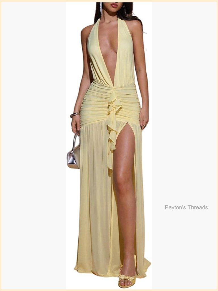 Mesh Backless Halter Maxi Dress Ruffle Trim Split